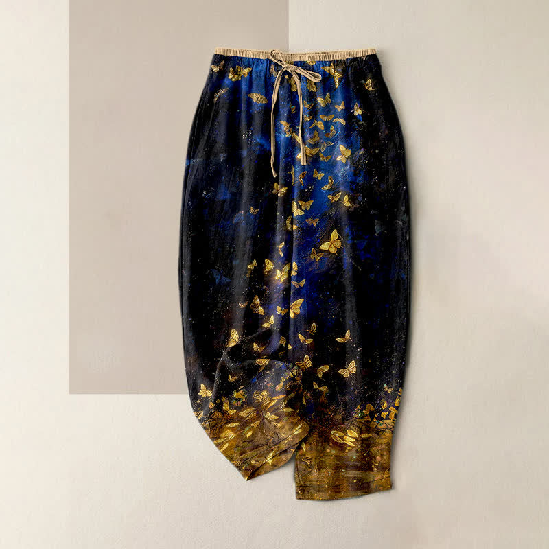 Buddha Stones Pure Cotton Gold Butterfly Gradient Pattern Women's Elastic Waist Pants With Pockets - MidnightBlue - US16,UK/AU20,EU48 (3XL) - image 0