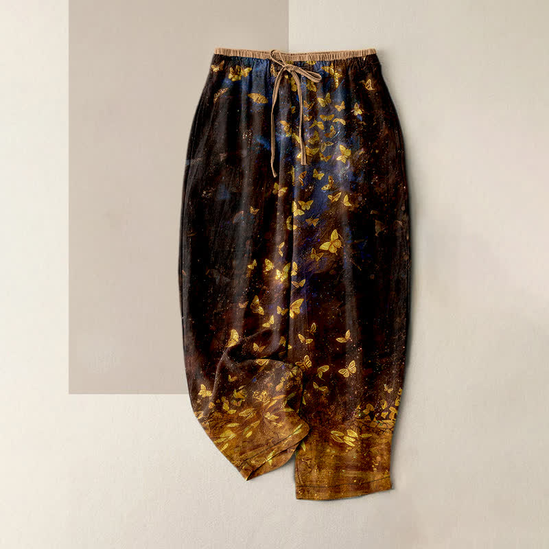 Buddha Stones Pure Cotton Gold Butterfly Gradient Pattern Women's Elastic Waist Pants With Pockets - SaddleBrown - US16,UK/AU20,EU48 (3XL) - image 4