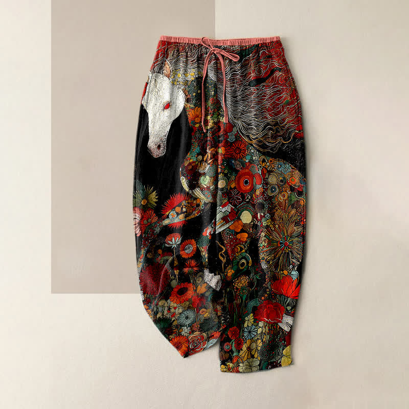 Buddha Stones Pure Cotton Bohemian Floral Horse Pattern Women's Elastic Waist Pants With Pockets - Black - US16,UK/AU20,EU48 (3XL) - image 0