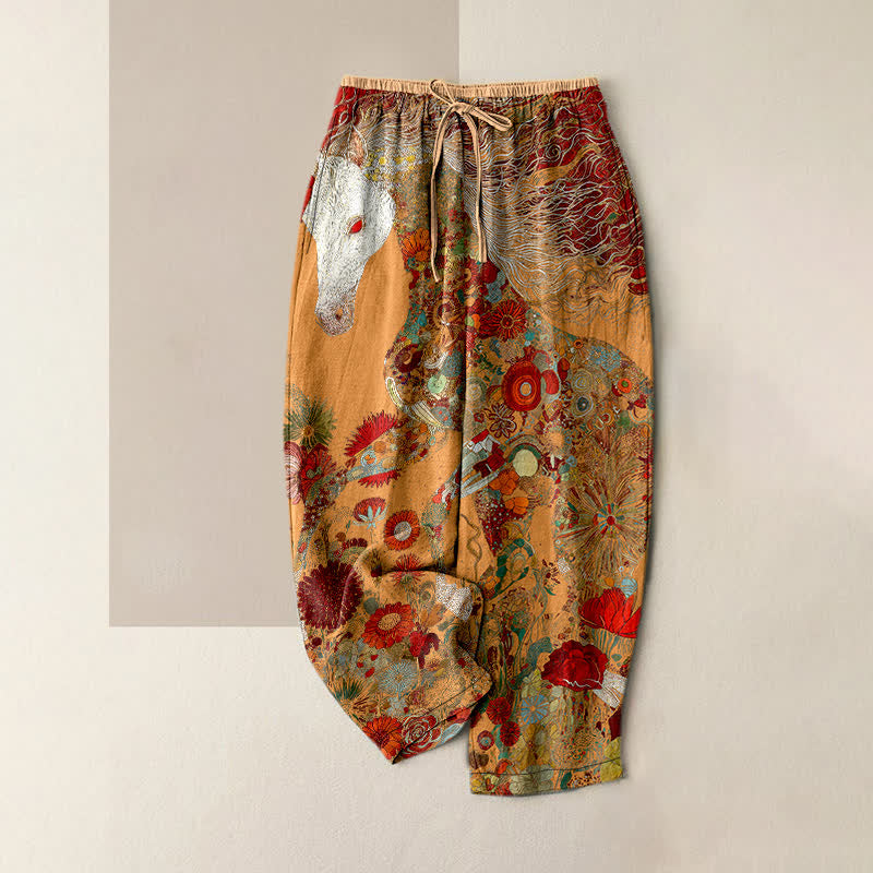 Buddha Stones Pure Cotton Bohemian Floral Horse Pattern Women's Elastic Waist Pants With Pockets - Orange - US16,UK/AU20,EU48 (3XL) - image 5