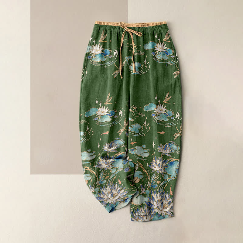 Buddha Stones Pure Cotton Lotus Wave Pattern Women's Elastic Waist Pants With Pockets - DarkOliveGreen - US16,UK/AU20,EU48 (3XL) - image 0