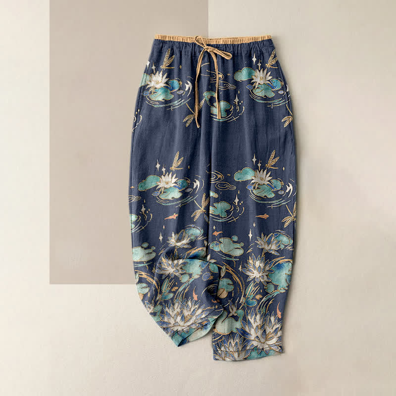 Buddha Stones Pure Cotton Lotus Wave Pattern Women's Elastic Waist Pants With Pockets - Navy - US16,UK/AU20,EU48 (3XL) - image 4