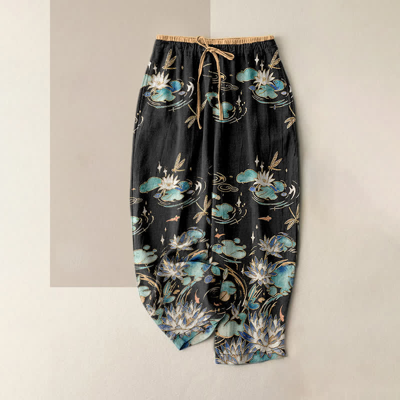 Buddha Stones Pure Cotton Lotus Wave Pattern Women's Elastic Waist Pants With Pockets - Black - US16,UK/AU20,EU48 (3XL) - image 5