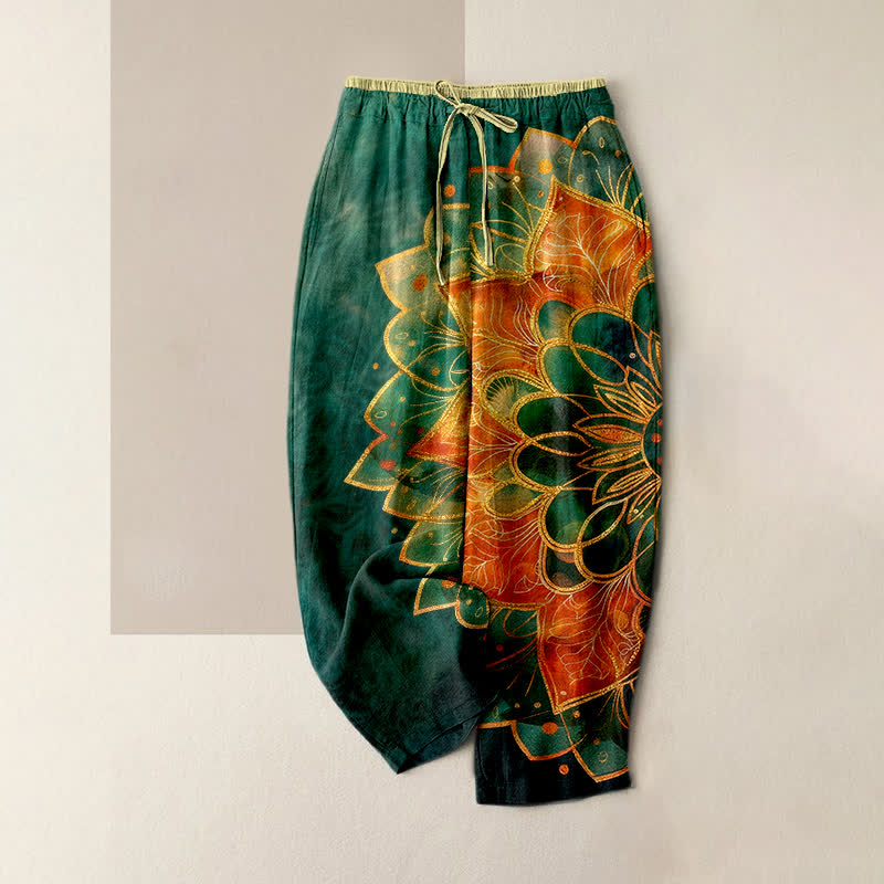Buddha Stones Pure Cotton Gold Mandala Pattern Women's Elastic Waist Pants With Pockets - SeaGreen - US16,UK/AU20,EU48 (3XL) - image 0