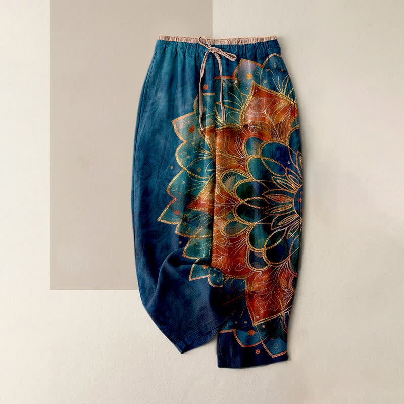 Buddha Stones Pure Cotton Gold Mandala Pattern Women's Elastic Waist Pants With Pockets - Navy - US16,UK/AU20,EU48 (3XL) - image 6