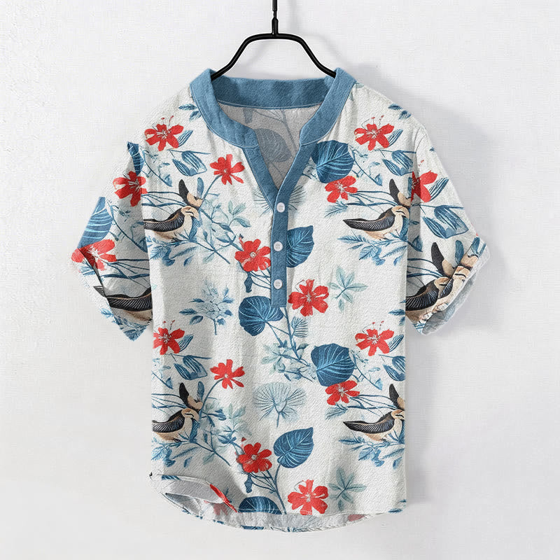 Buddha Stones Cotton Tropical Floral Bird Pattern Men's Short Sleeve Half Button Shirt - LightSteelBlue - US/UK/AU50,EU60 (5XL) - image 0
