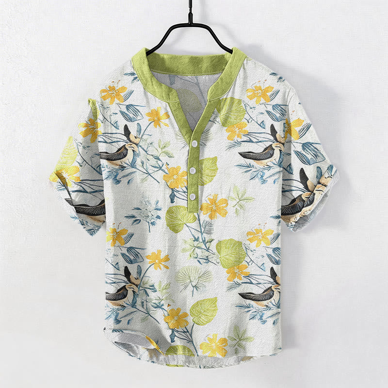 Buddha Stones Cotton Tropical Floral Bird Pattern Men's Short Sleeve Half Button Shirt - GreenYellow - US/UK/AU50,EU60 (5XL) - image 3