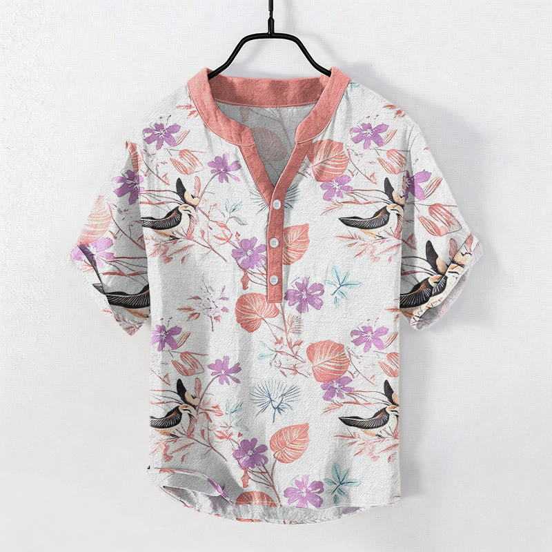 Buddha Stones Cotton Tropical Floral Bird Pattern Men's Short Sleeve Half Button Shirt - MistyRose - US/UK/AU50,EU60 (5XL) - image 5