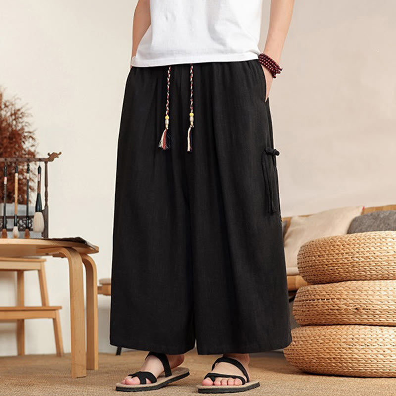 Buddha Stones Summer Solid Men's Elastic Waist Wide Leg Pants With Pockets - Black - US/UK/AU46,EU56 (5XL) - image 9