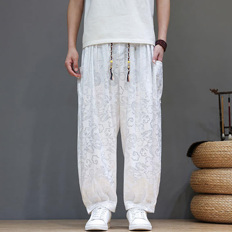 Buddha Stones Summer Drawstring Cloud Pattern Solid Elastic Waist Men's Harem Pants With Pockets - WhiteSmoke - US/UK/AU46,EU56 (5XL) - image 18