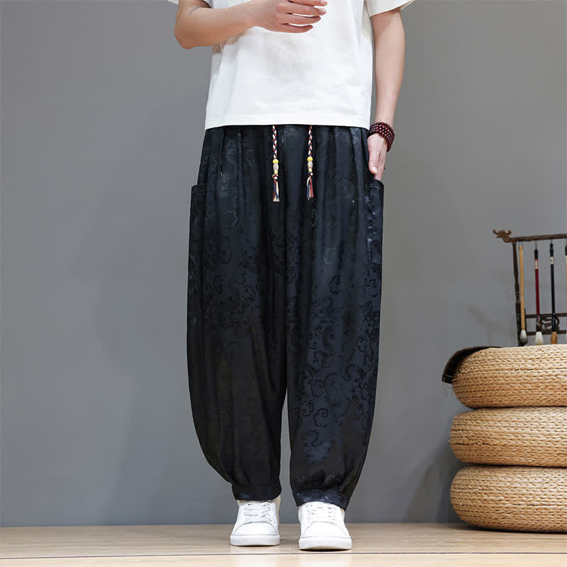 Buddha Stones Summer Drawstring Cloud Pattern Solid Elastic Waist Men's Harem Pants With Pockets - Black - US/UK/AU46,EU56 (5XL) - image 0
