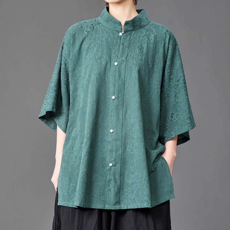 Buddha Stones Summer Minimalist Mandarin Collar Button-Up Solid Men's Three-Quarter Sleeve Shirts - CadetBlue - US/UK/AU46,EU56 (5XL) - image 6