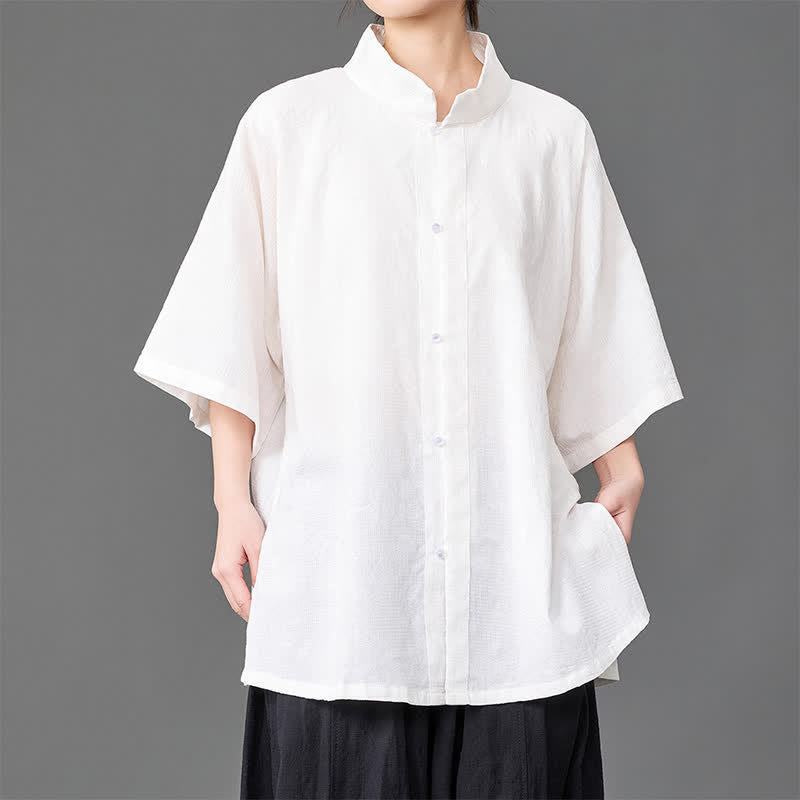 Buddha Stones Summer Minimalist Mandarin Collar Button-Up Solid Men's Three-Quarter Sleeve Shirts - White - US/UK/AU46,EU56 (5XL) - image 11
