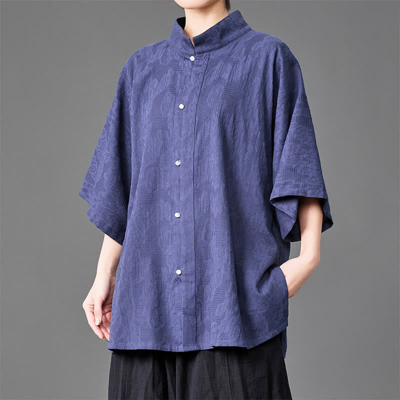Buddha Stones Summer Minimalist Mandarin Collar Button-Up Solid Men's Three-Quarter Sleeve Shirts - Indigo - US/UK/AU46,EU56 (5XL) - image 0