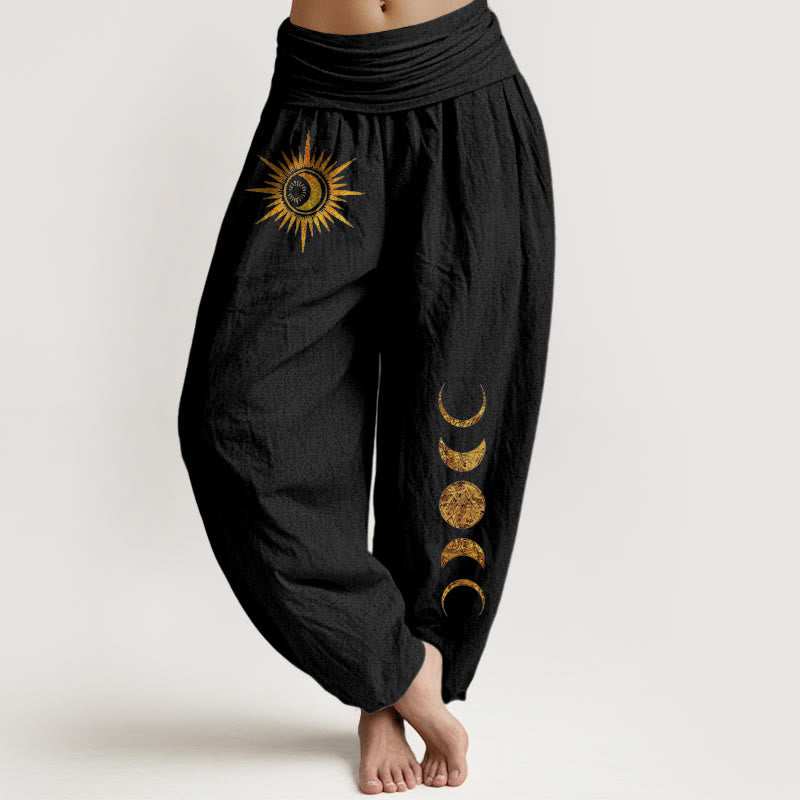 Buddha Stones Pure Cotton Gold Sun Moon Phases Pattern Women's Elastic Waist Harem Pants - Black - US16,UK/AU20,EU48 (3XL) - image 0
