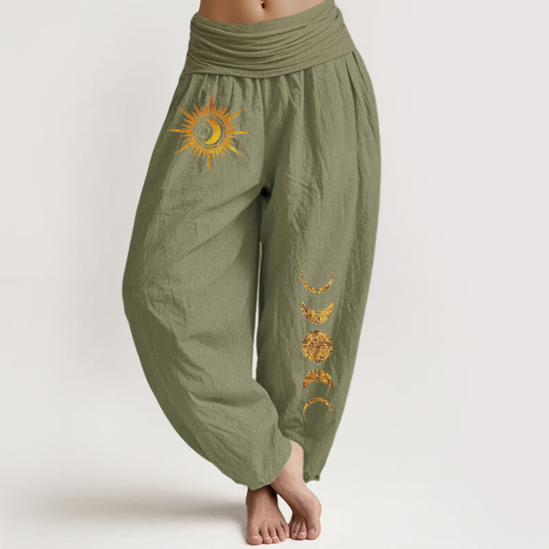Buddha Stones Pure Cotton Gold Sun Moon Phases Pattern Women's Elastic Waist Harem Pants - OliveDrab - US16,UK/AU20,EU48 (3XL) - image 14