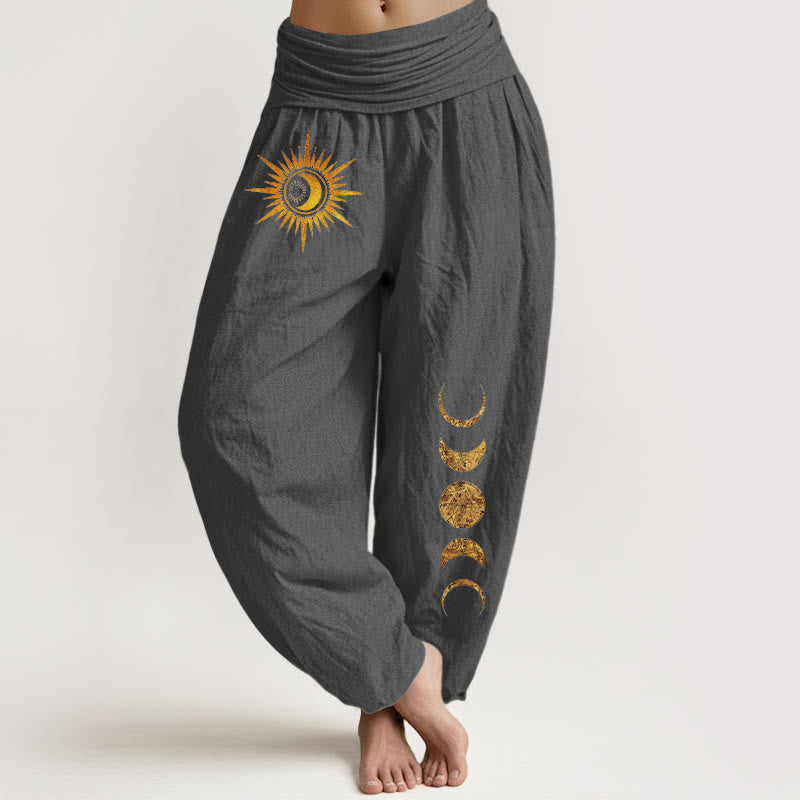 Buddha Stones Pure Cotton Gold Sun Moon Phases Pattern Women's Elastic Waist Harem Pants - DimGray - US16,UK/AU20,EU48 (3XL) - image 11