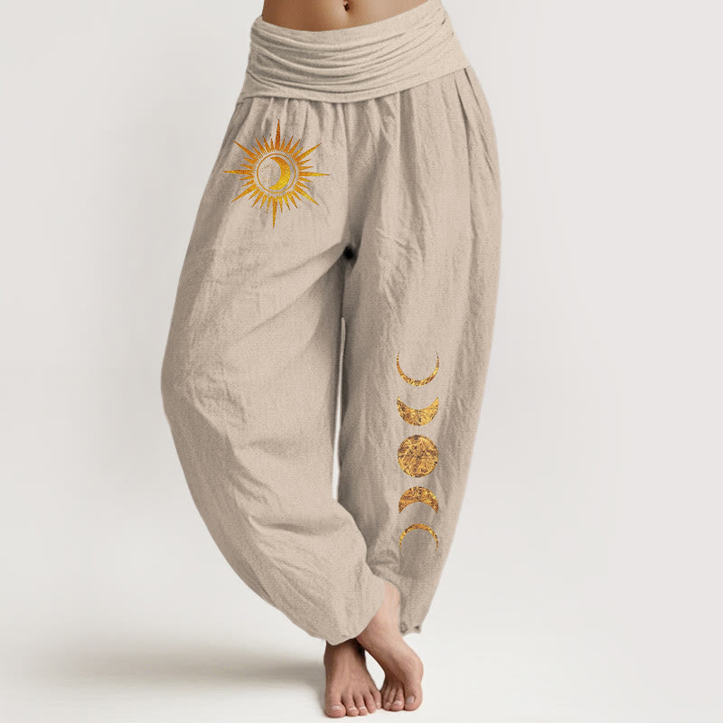 Buddha Stones Pure Cotton Gold Sun Moon Phases Pattern Women's Elastic Waist Harem Pants - Tan - US16,UK/AU20,EU48 (3XL) - image 5