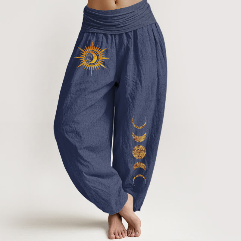 Buddha Stones Pure Cotton Gold Sun Moon Phases Pattern Women's Elastic Waist Harem Pants - DarkSlateBlue - US16,UK/AU20,EU48 (3XL) - image 8