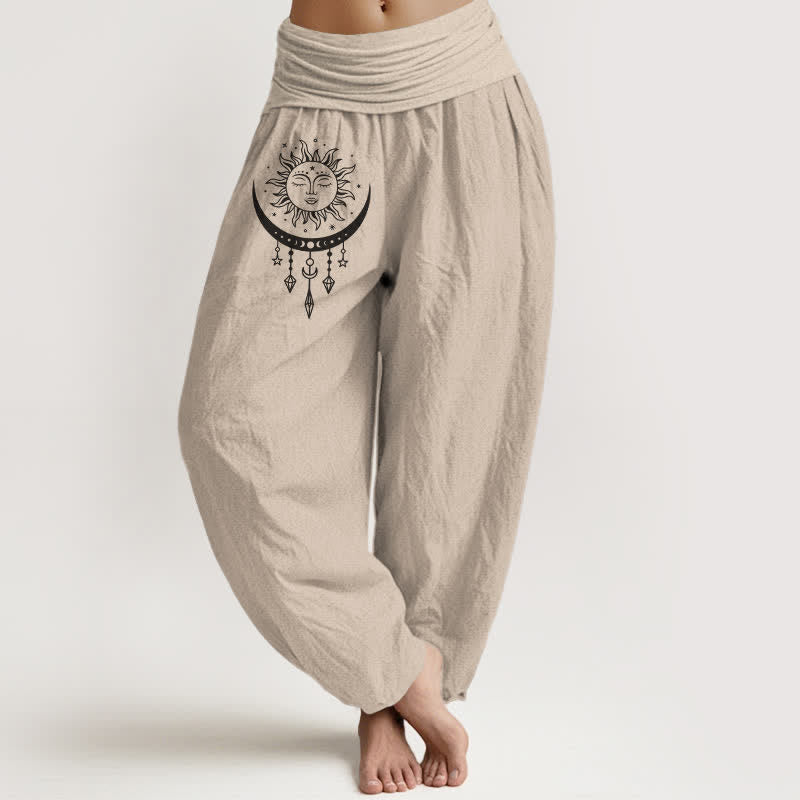 Buddha Stones Pure Cotton Sun Moon Star Tassel Pattern Women's Elastic Waist Harem Pants - Tan - US16,UK/AU20,EU48 (3XL) - image 0