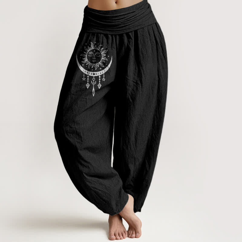 Buddha Stones Pure Cotton Sun Moon Star Tassel Pattern Women's Elastic Waist Harem Pants - Black - US16,UK/AU20,EU48 (3XL) - image 5