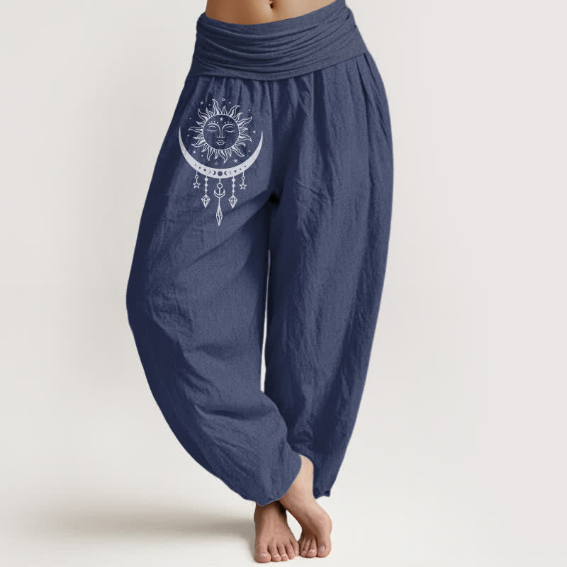 Buddha Stones Pure Cotton Sun Moon Star Tassel Pattern Women's Elastic Waist Harem Pants - DarkSlateBlue - US16,UK/AU20,EU48 (3XL) - image 8