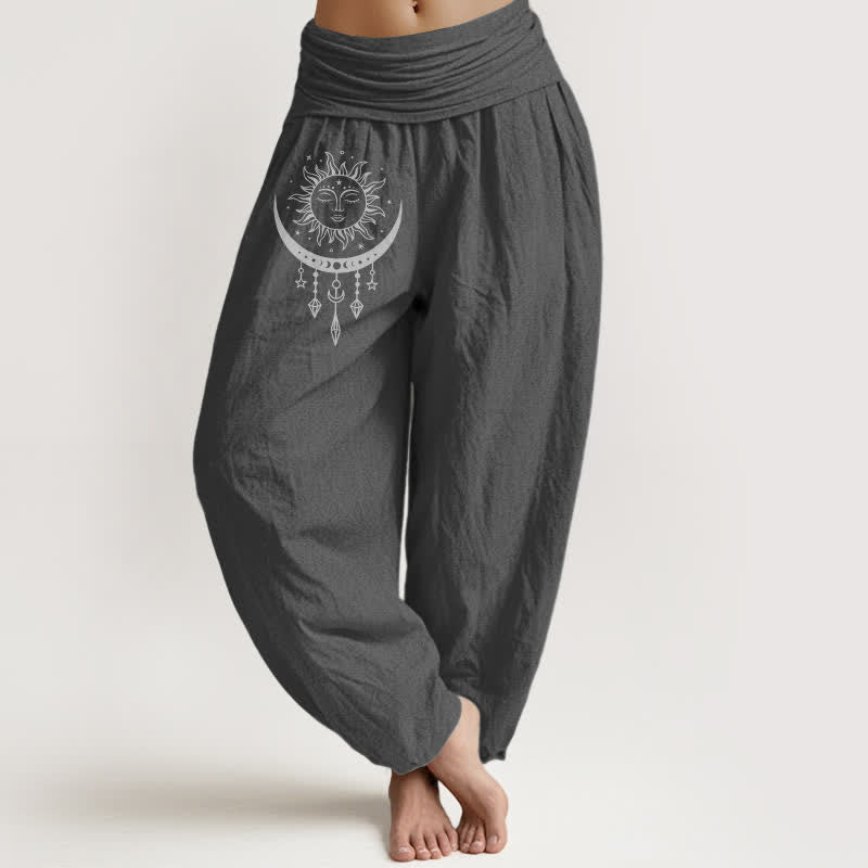 Buddha Stones Pure Cotton Sun Moon Star Tassel Pattern Women's Elastic Waist Harem Pants - DimGray - US16,UK/AU20,EU48 (3XL) - image 11
