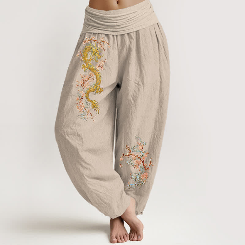 Buddha Stones Pure Cotton Golden Dragon Pink Blossom Pattern Women's Elastic Waist Harem Pants - Tan - US16,UK/AU20,EU48 (3XL) - image 5
