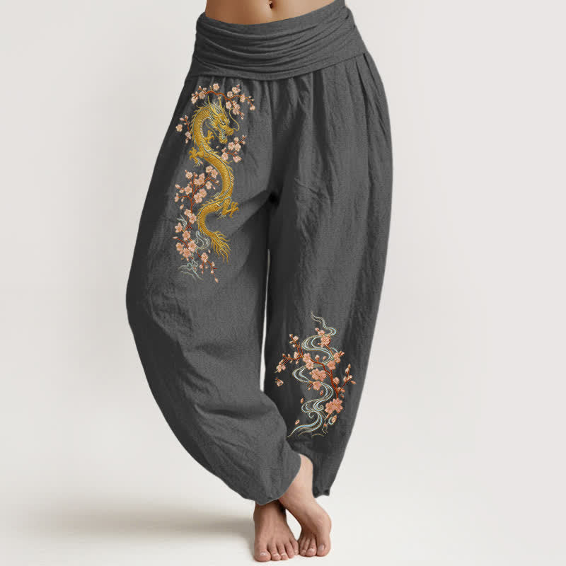 Buddha Stones Pure Cotton Golden Dragon Pink Blossom Pattern Women's Elastic Waist Harem Pants - DimGray - US16,UK/AU20,EU48 (3XL) - image 11