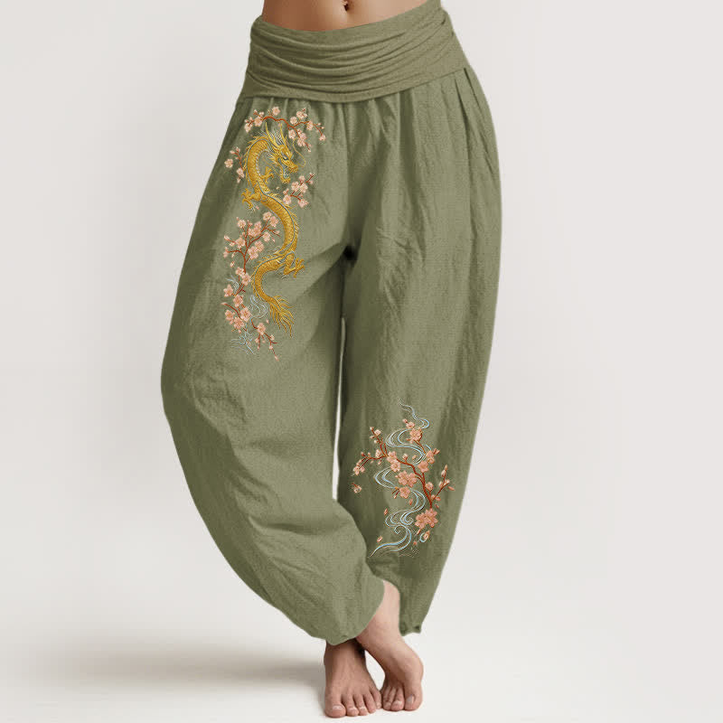 Buddha Stones Pure Cotton Golden Dragon Pink Blossom Pattern Women's Elastic Waist Harem Pants - OliveDrab - US16,UK/AU20,EU48 (3XL) - image 14