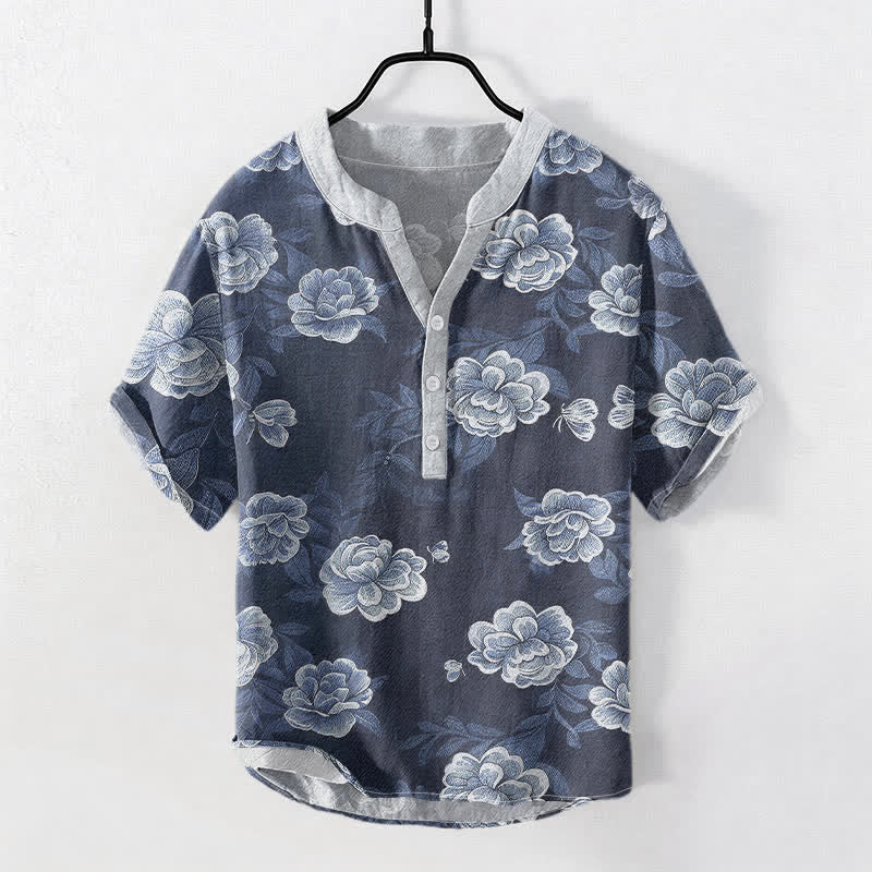 Buddha Stones Cotton Vintage Peony Bloom Pattern Men's Short Sleeve Half Button Shirt - SteelBlue - US/UK/AU50,EU60 (5XL) - image 0