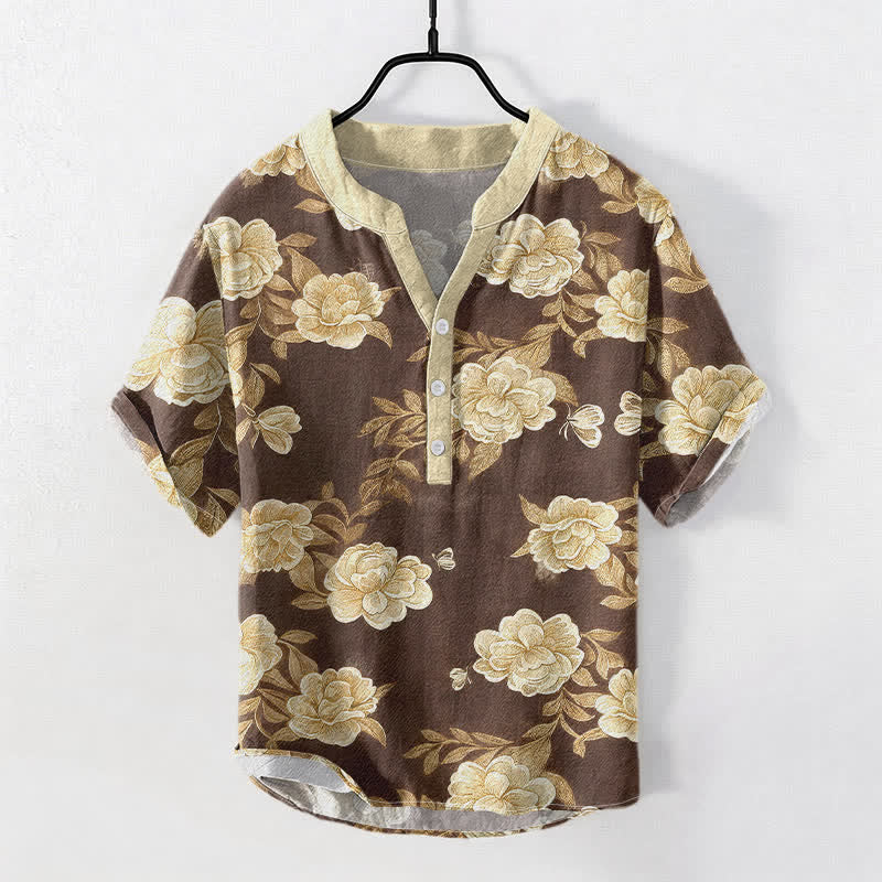 Buddha Stones Cotton Vintage Peony Bloom Pattern Men's Short Sleeve Half Button Shirt - SaddleBrown - US/UK/AU50,EU60 (5XL) - image 3