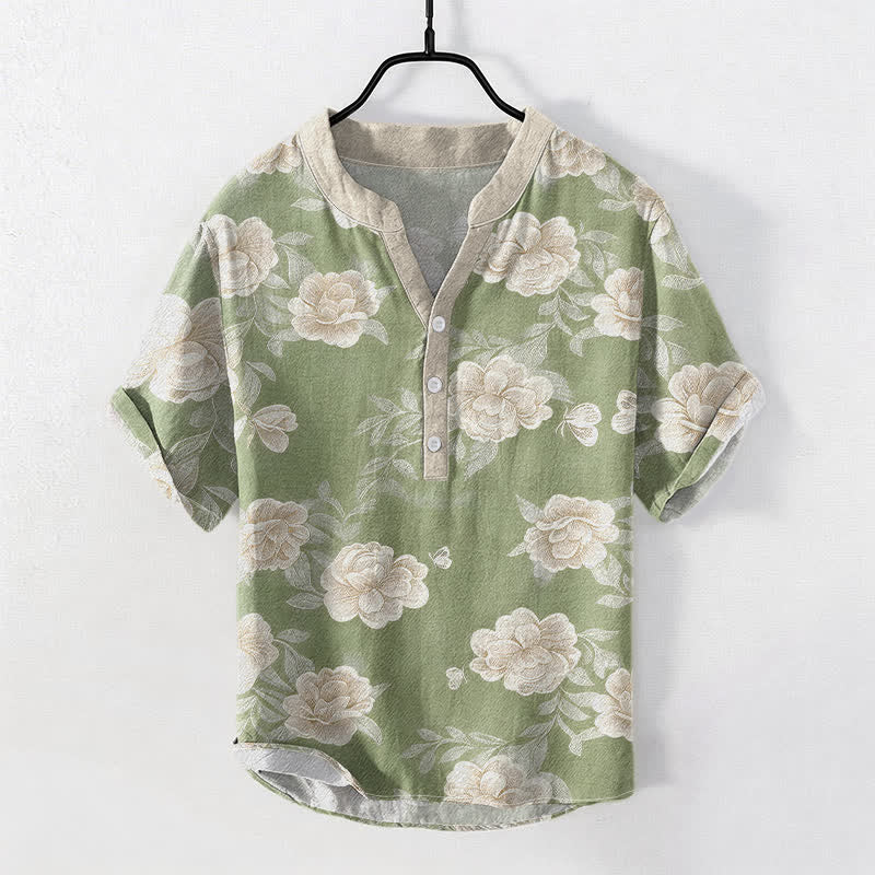 Buddha Stones Cotton Vintage Peony Bloom Pattern Men's Short Sleeve Half Button Shirt - PaleGreen - US/UK/AU50,EU60 (5XL) - image 5