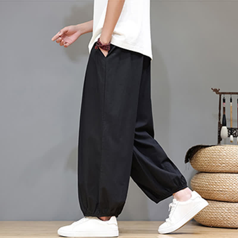 Buddha Stones Summer Zen Elastic Waist Cuff Men's Cropped Harem Pants With Pockets - image 29