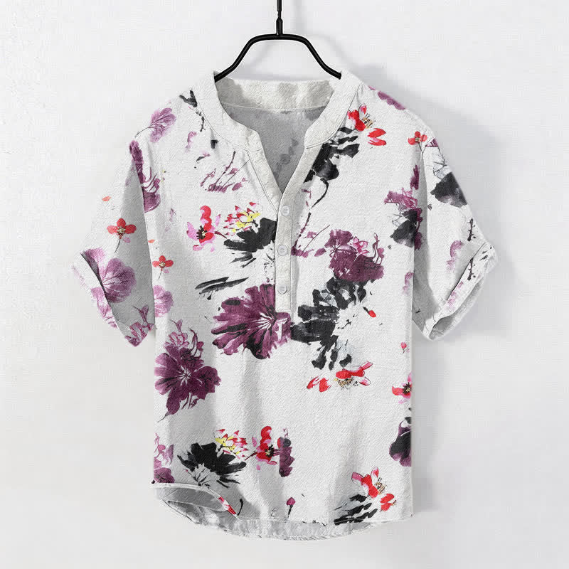 Buddha Stones Cotton Purple Watercolor Lotus Pattern Men's Short Sleeve Half Button Shirt - White - US/UK/AU50,EU60 (5XL) - image 0