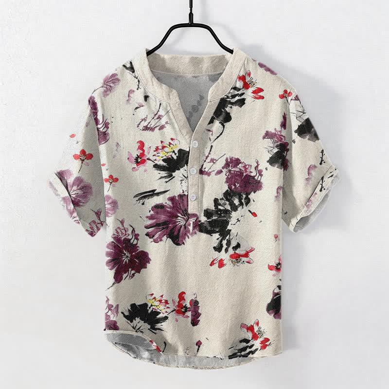Buddha Stones Cotton Purple Watercolor Lotus Pattern Men's Short Sleeve Half Button Shirt - Linen - US/UK/AU50,EU60 (5XL) - image 3