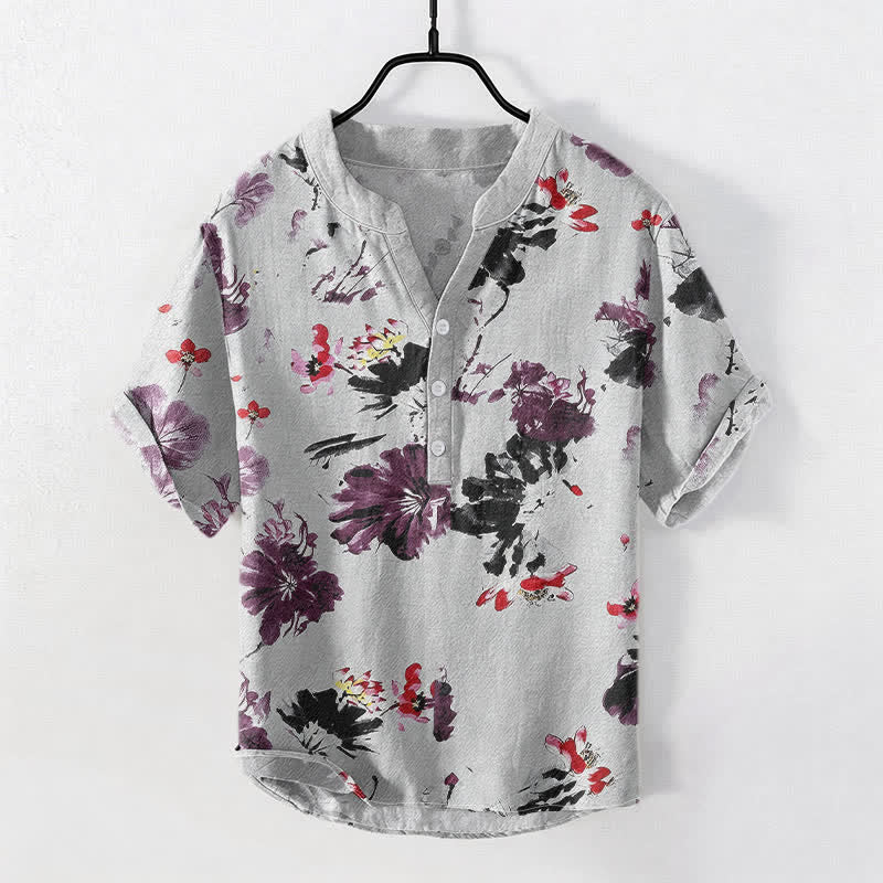 Buddha Stones Cotton Purple Watercolor Lotus Pattern Men's Short Sleeve Half Button Shirt - LightGrey - US/UK/AU50,EU60 (5XL) - image 5