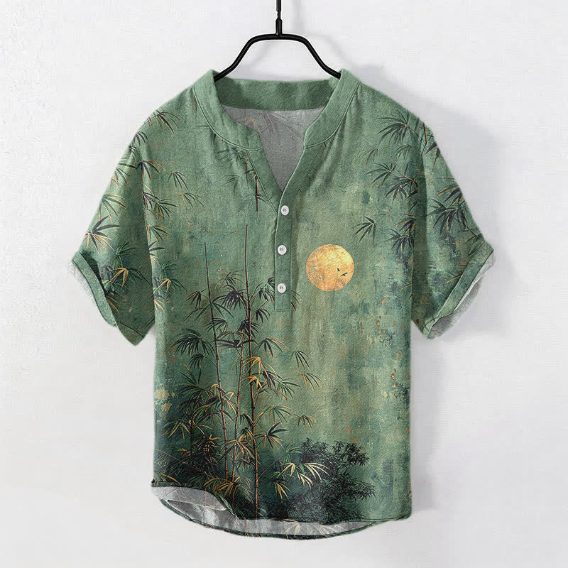 Buddha Stones Cotton Ink Bamboo With Golden Moon Pattern Men's Short Sleeve Half Button Shirt - SeaGreen - US/UK/AU50,EU60 (5XL) - image 0