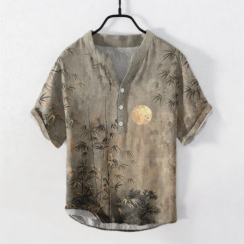 Buddha Stones Cotton Ink Bamboo With Golden Moon Pattern Men's Short Sleeve Half Button Shirt - DarkGray - US/UK/AU50,EU60 (5XL) - image 5