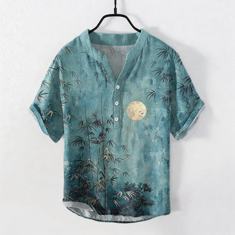 Buddha Stones Cotton Ink Bamboo With Golden Moon Pattern Men's Short Sleeve Half Button Shirt - Teal - US/UK/AU50,EU60 (5XL) - image 7