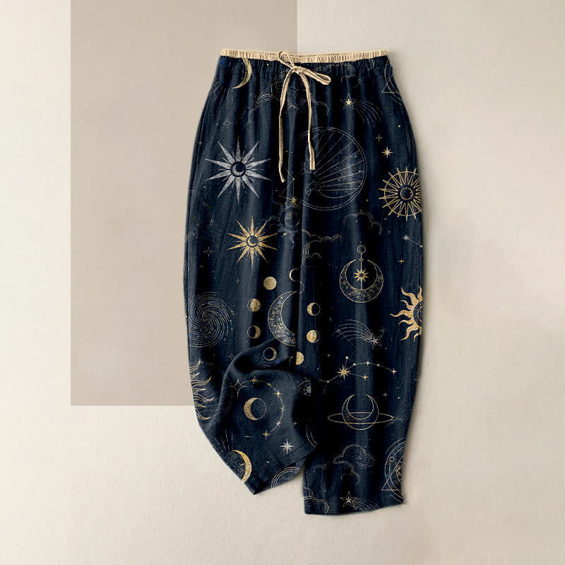 Buddha Stones Pure Cotton Celestial Sun Moon Stars Pattern Women's Elastic Waist Pants With Pockets - MidnightBlue - US16,UK/AU20,EU48 (3XL) - image 0