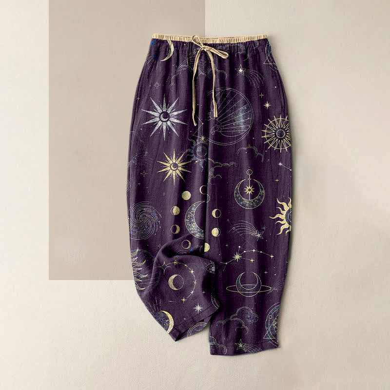 Buddha Stones Pure Cotton Celestial Sun Moon Stars Pattern Women's Elastic Waist Pants With Pockets - DarkViolet - US16,UK/AU20,EU48 (3XL) - image 5