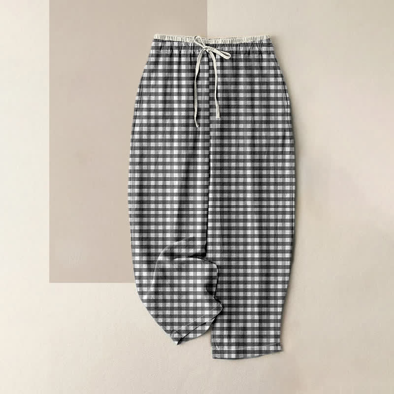 Buddha Stones Cotton Classic Gingham Pattern Women's Elastic Waist Pants With Pockets - Black - US16,UK/AU20,EU48 (3XL) - image 0