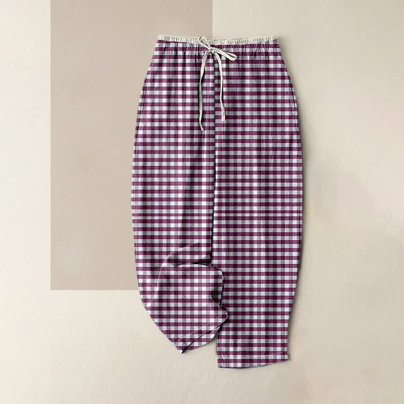 Buddha Stones Cotton Classic Gingham Pattern Women's Elastic Waist Pants With Pockets - Purple - US16,UK/AU20,EU48 (3XL) - image 3