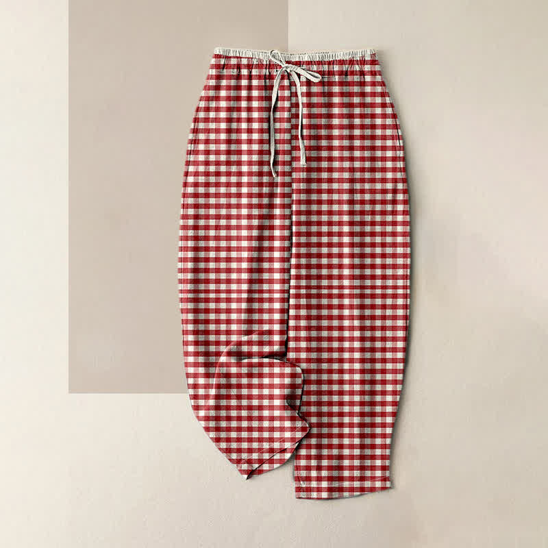 Buddha Stones Cotton Classic Gingham Pattern Women's Elastic Waist Pants With Pockets - Red - US16,UK/AU20,EU48 (3XL) - image 4