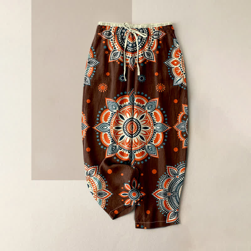 Buddha Stones Pure Cotton Mandala Floral Pattern Women's Elastic Waist Pants With Pockets - Brown - US16,UK/AU20,EU48 (3XL) - image 0