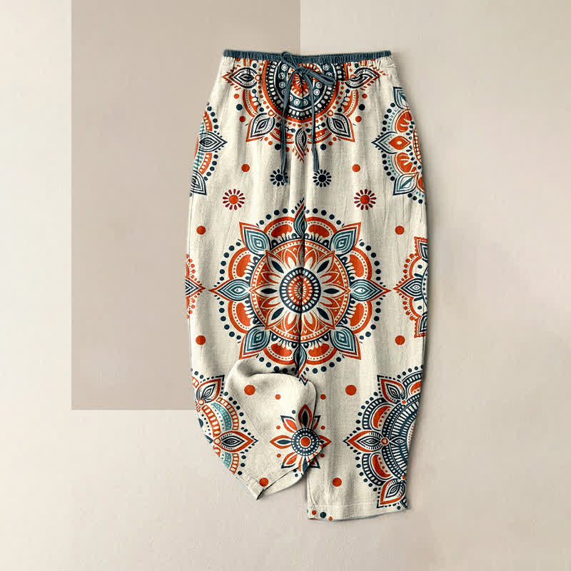 Buddha Stones Pure Cotton Mandala Floral Pattern Women's Elastic Waist Pants With Pockets - Ivory - US16,UK/AU20,EU48 (3XL) - image 3