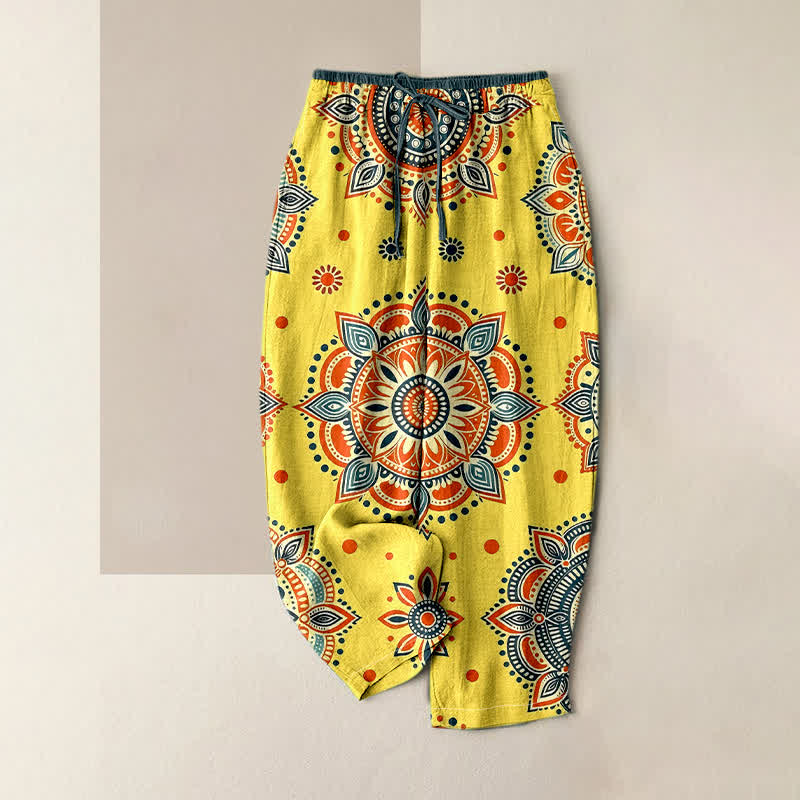Buddha Stones Pure Cotton Mandala Floral Pattern Women's Elastic Waist Pants With Pockets - Yellow - US16,UK/AU20,EU48 (3XL) - image 4