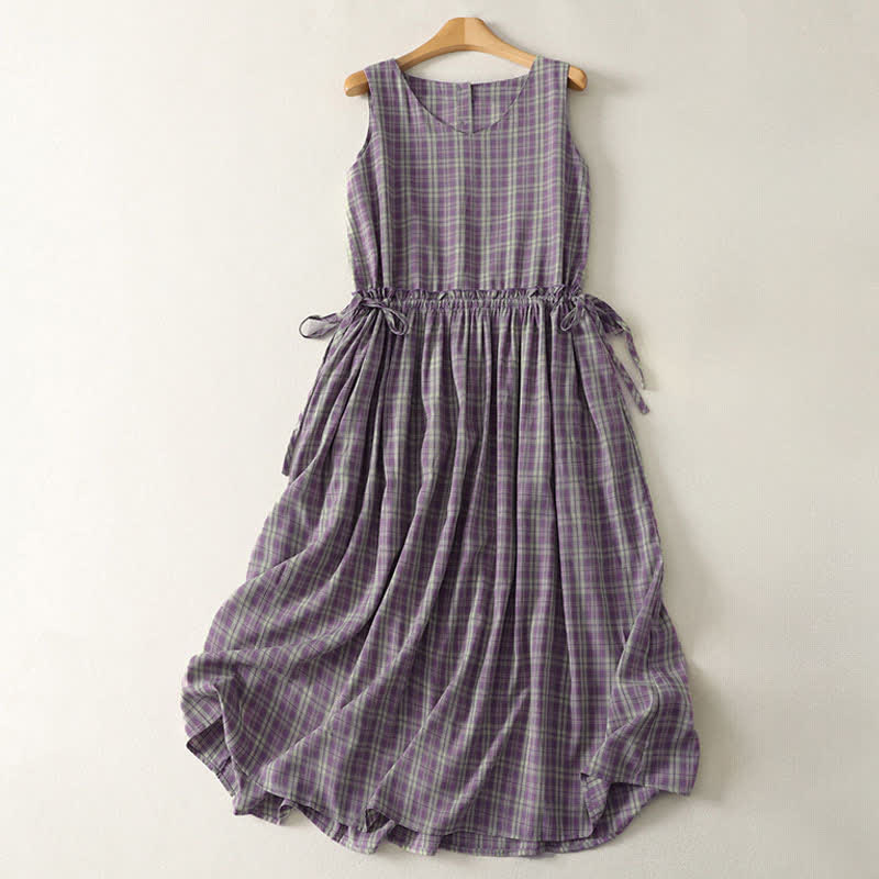 Buddha Stones Summer Vintage Drawstring Waist Button-Up Plaid Cotton Women's Sleeveless Dress With Pockets - blueviolet - US12,UK/AU16,EU44 (2XL) - image 0