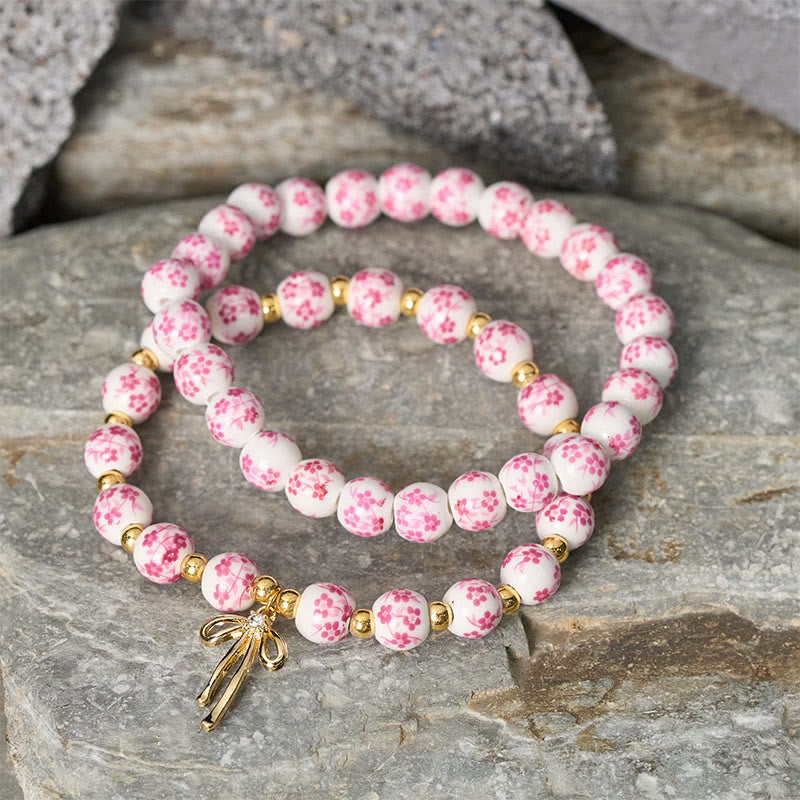 Buddha Stones Blue And White Pink Porcelain Beaded Bowknot Beaded Inner Peace Bracelet - image 8